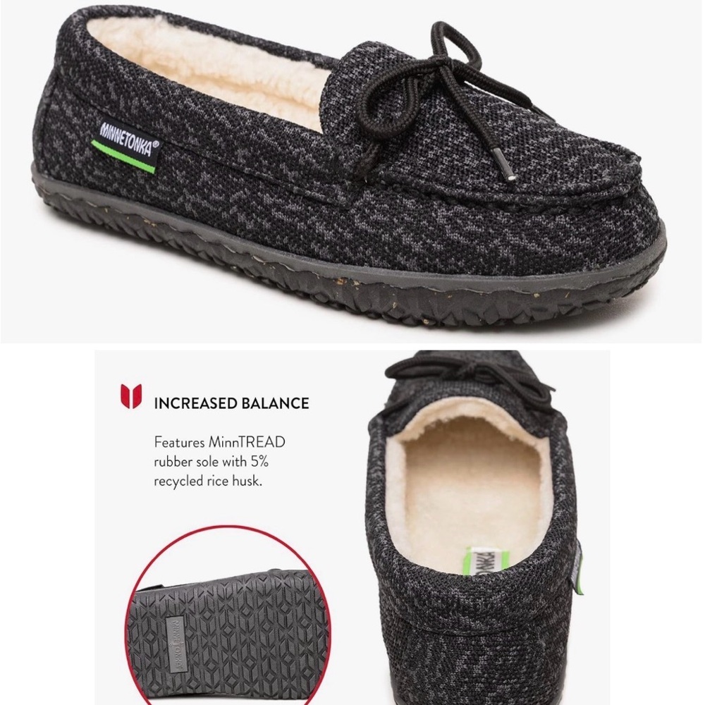 Minnetonka kids  black/Charcoal loafers with Bow Eco Oak size 5M NWOT